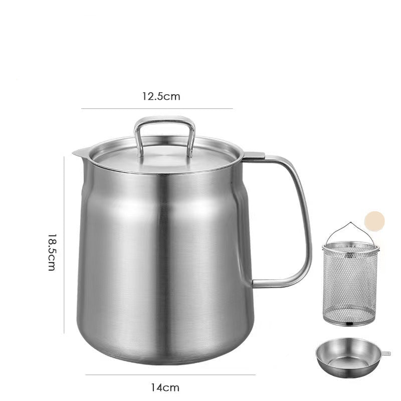 Stainless steel oil pot strainer with lid and accessories on a white background