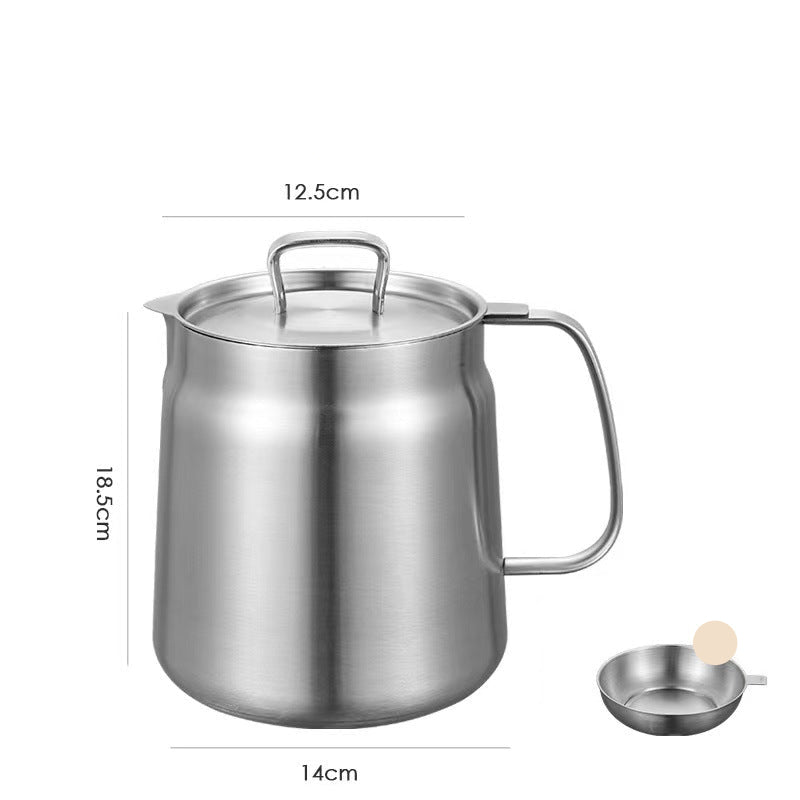 Stainless steel oil pot with lid and filter on a white background