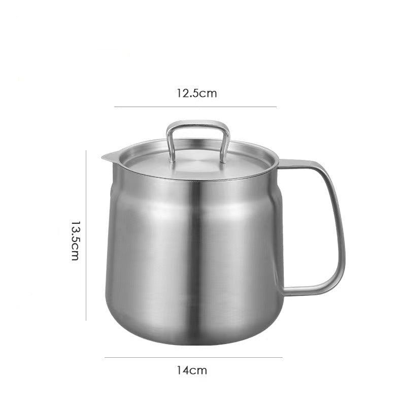 Stainless steel oil pot with lid and dimensions on a white background