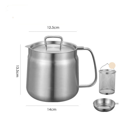 Stainless steel pot with lid, filter screen, and on a white background